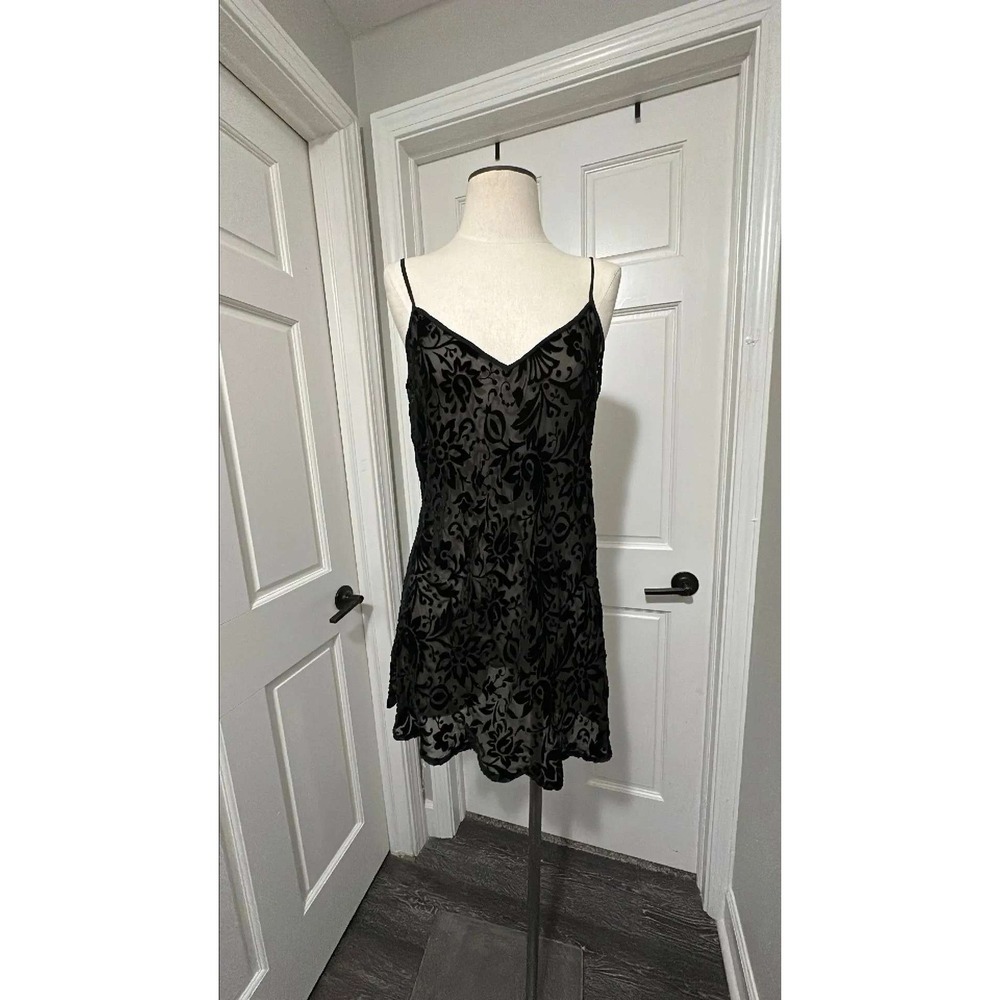 Vintage Victorias Secret Black Silk Blend Burnout Velvet Floral Slip Dress L